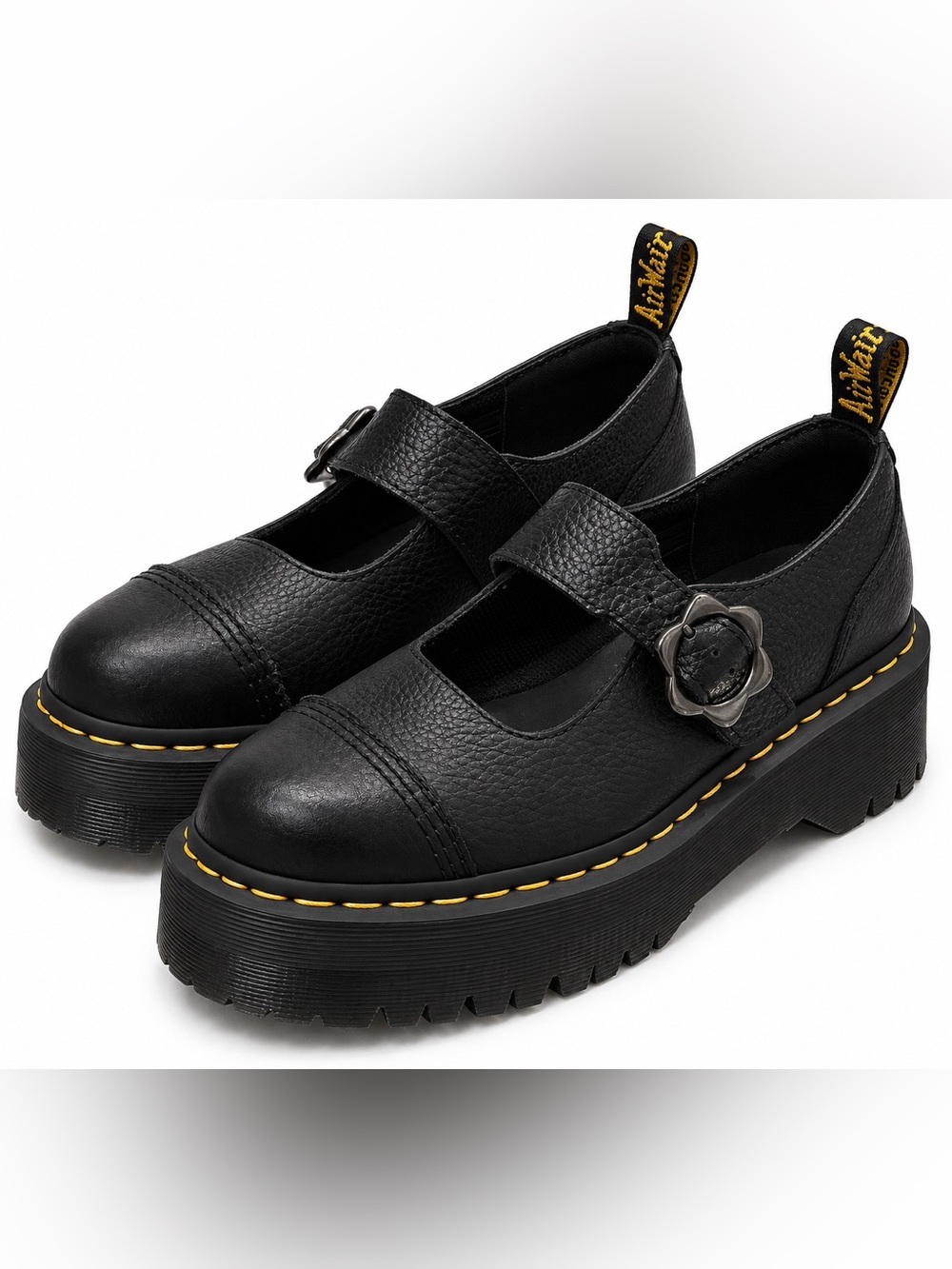 Dr. Martens Addina Flower Buckle Leather Platform Shoes Black Platform Mary Jane
